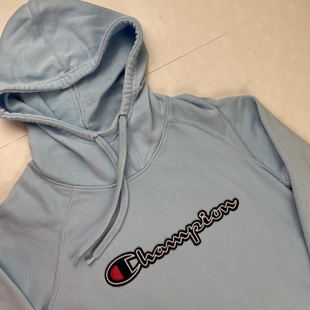 Champion Hoodie Sweatshirt Women’s L Blue Logo Cotton Blend Pockets
